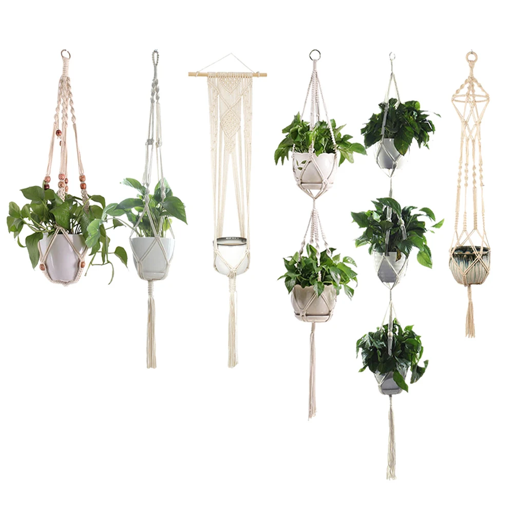 植木鉢ハンギングバスケット ネットバッグ ハンギングバスケット 編組植物ストラップ 手作りマクラメ植物ハンガー フラワーガーデン 家の装飾 吊るしバスケット Aliexpress