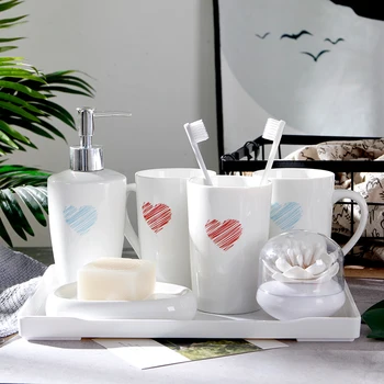 

Love Heart Pattern Ceramic Bathroom Accessories Wash Cup Set Melamine Tray Cotton Swab Box Household Mouth Brushing Cup Lotion