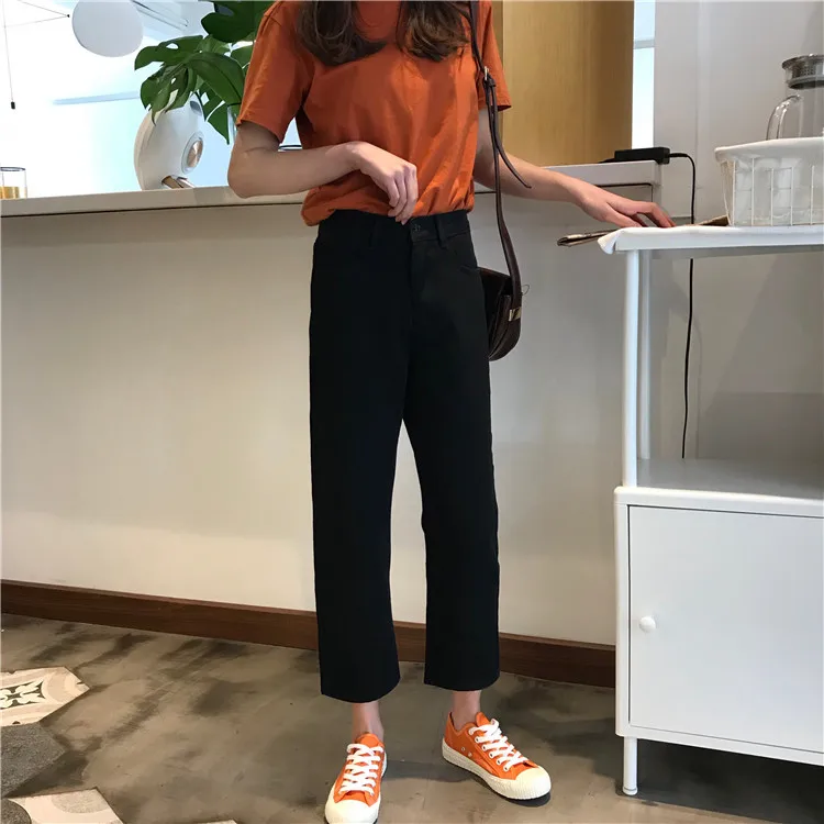 Black High Waist Jeans Women Ankle-length Solid Simple All Match Harajuku Vintage Womens Trousers Korean Fashion Females Pockets