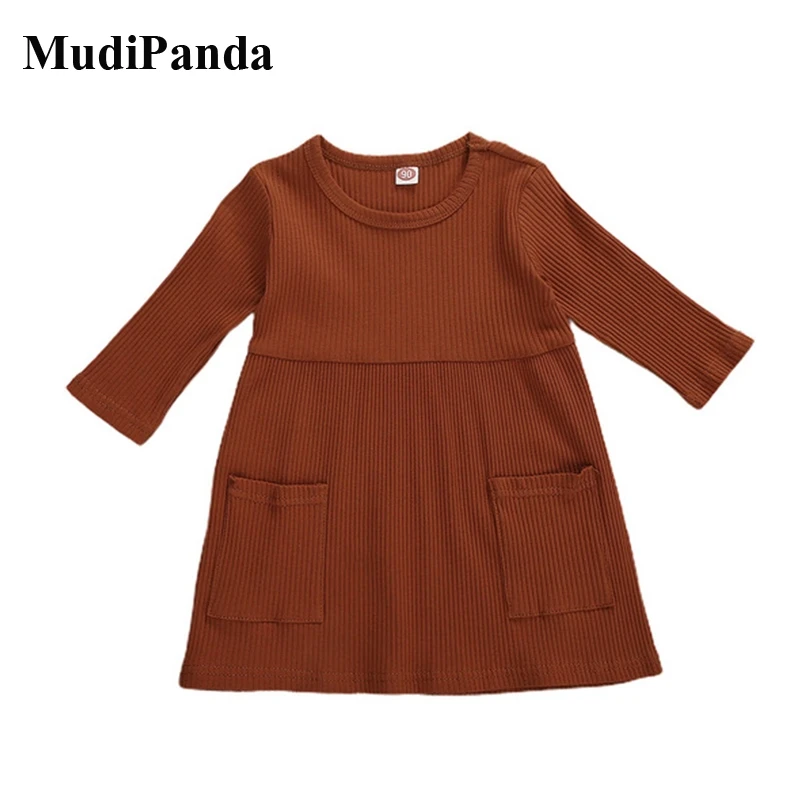 

MudiPanda 1-5 Years Kids Baby Girls Dress Solid Color Long Sleeve Knitted Pocket A-line Knee-Length Dress Autumn Dress 2020 New