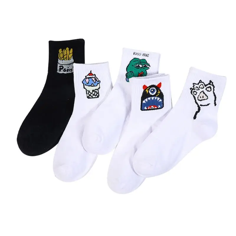 5 пар, японские носки хлопковые с забавным рисунком чипсов, мороженого, лягушки, чулочно-носочные изделия