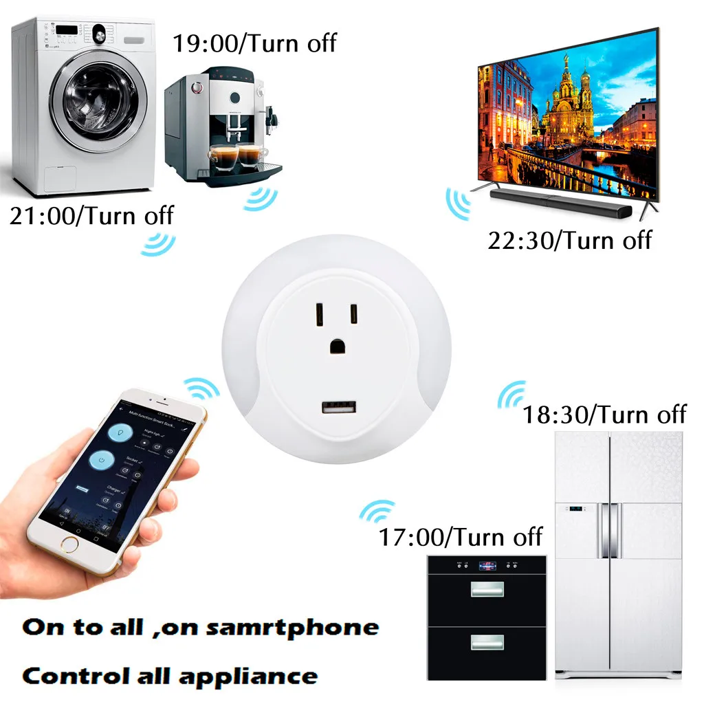 Мини Смарт Wi-Fi розетка с светодиодный ночник usb зарядный порт wifi из США