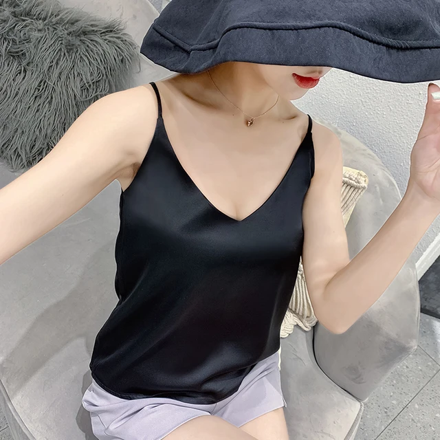 2022 Summer Silk Camis V-Neck Basic Top Women Basic Tank Tops Woman Sleeveless Vest White Satin Corset Top Female Girls Clothing black