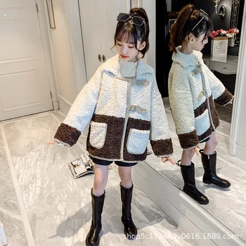 

Girls' jackets autumn and winter 2019 new winter clothes tide foreign style children plus velvet thick lamb wool coat