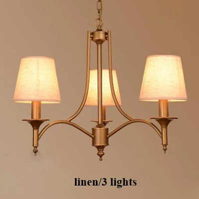 3 lights linen Американские бронзовые металлические светодиодные люстры, тканевые Абажуры для гостиной, светодиодные подвесные люстры, подвесные светильники - Цвет абажура: 3 lights linen