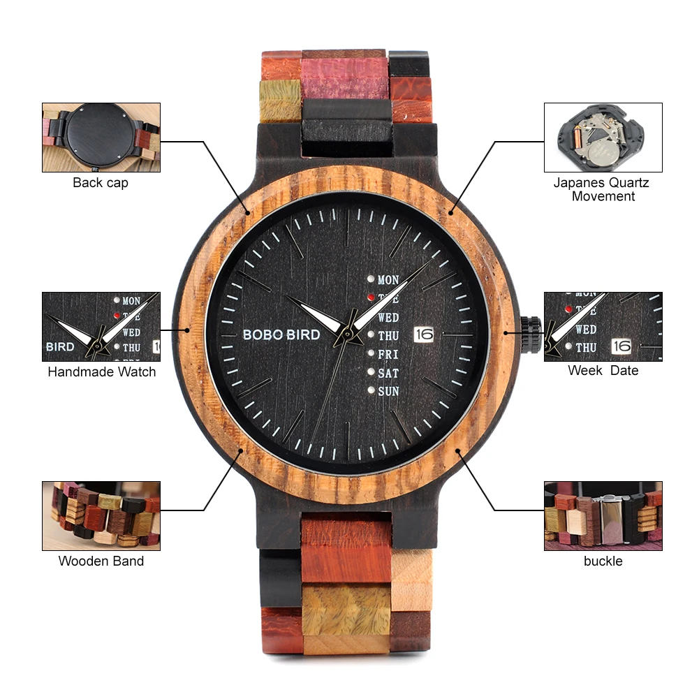 Relógio de Pulso Zegarek Bobo Bird para Homens e Mulheres Relógio de Quartzo com Pulseira de Madeira Colorida - Image 3