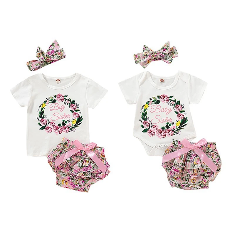 

3PCS baby clothes Infant Baby Short Sleeve Letter Print Family Matching Rompers T-shirt+Floral Pants+Headband Girls Clothes 0-5T