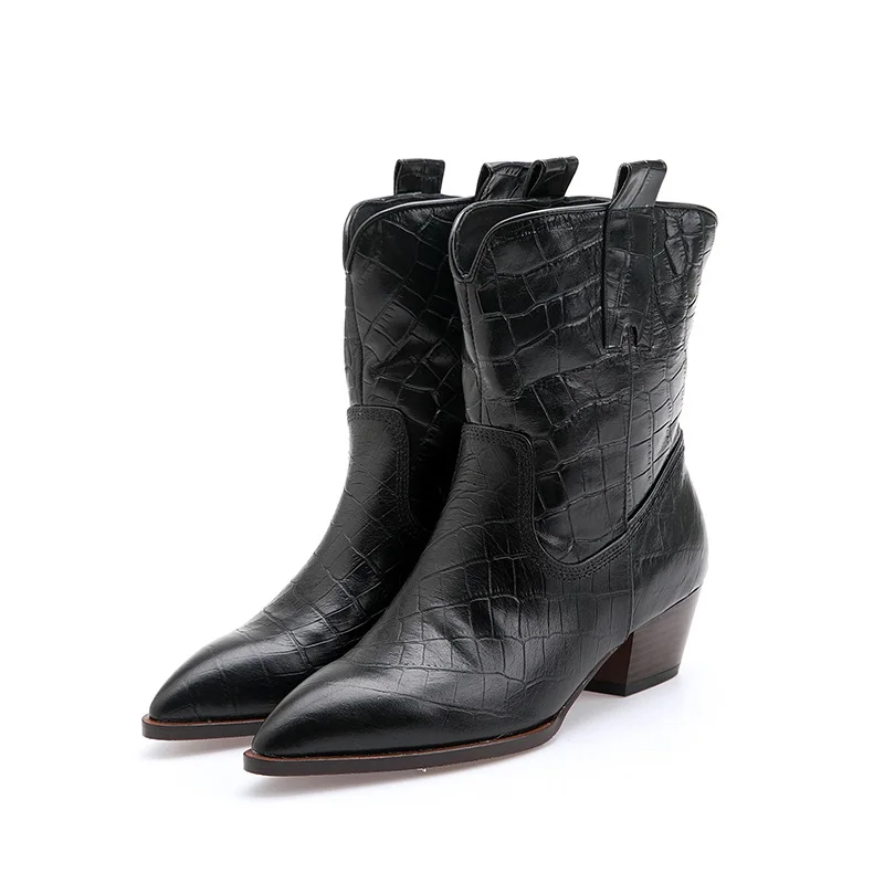 Новые Классические женские ковбойские сапоги Вестерн для женщин; кожаные женские ковбойские ботинки низкая обувь на каблуке Женская мода Красно-черные ботильоны