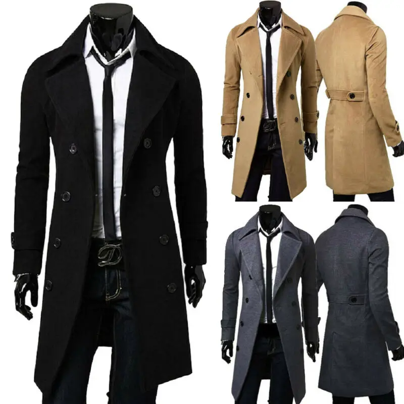 2020 England Style Men Wool Trench Coats Jacket Classic Slim Lapel