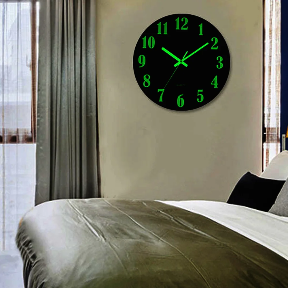 Wooden Luminous Wall Clock Silent Vintage Glowing in The Dark Wall