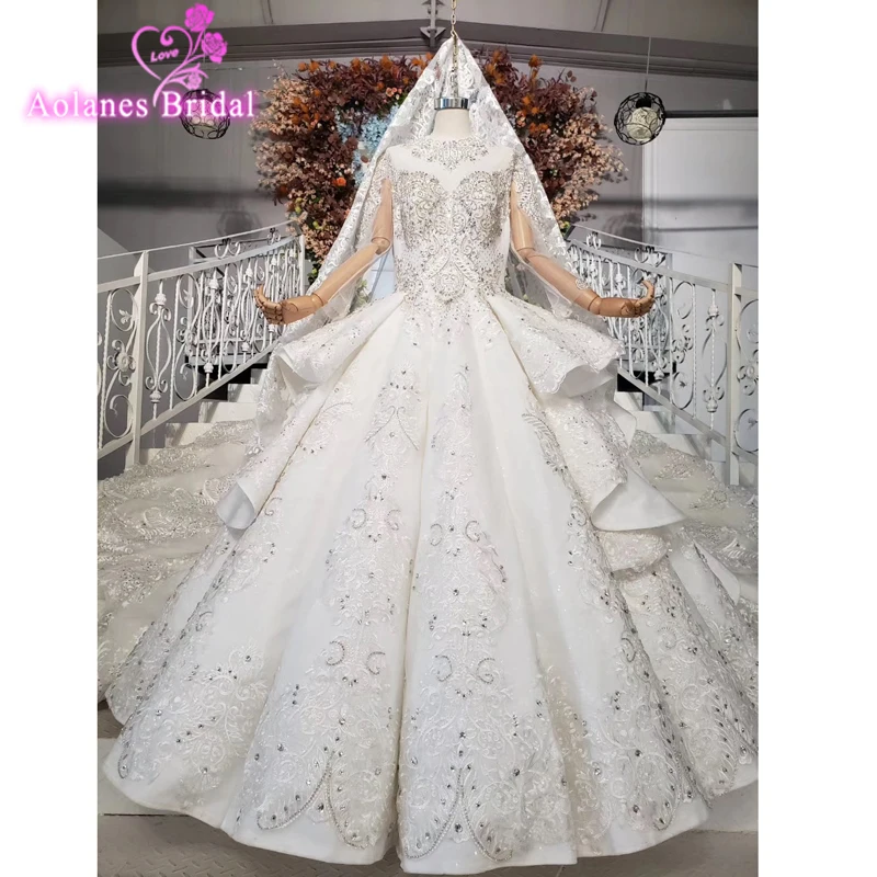 Muslim Vestido De Noiva Ball Gown Wedding Dress Crystals Lace Appliqued Heavy Weight Wedding Dresses Vintage Bridal Gown