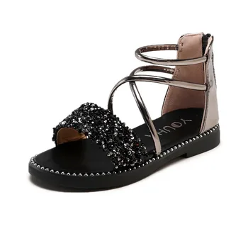

Summer Children's Rhinestone Princess Beach Sandals Casual Crystal Cross Soft Flats Medium Big Kids Girls Open Toe Roman Shoes