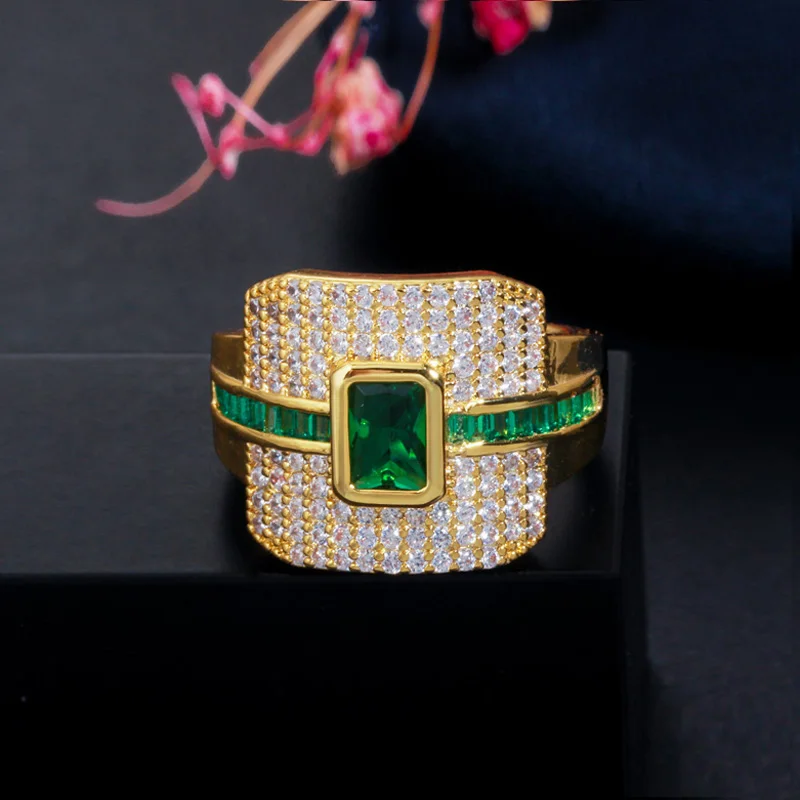 BeaQueen Роскошный Дизайнер Monaco Дубай желтое золото цвет большой квадрат синий зеленый обручальные кольца женские ювелирные изделия R099 - Цвет основного камня: Gold Green
