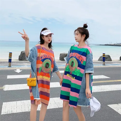 

Rainbow Striped Dress Women's 2019 Summer New Style Joint Contrast Color Lettered Short Sleeve Loose-Fit Cowboy Medium-length T-