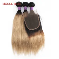 3 Bundles with 4x4 Lace Closure Free Part 200g/set Ombre Honey Blonde 1B 27 Straight 12-22 inch Remy Human Hair Weave MogulHair