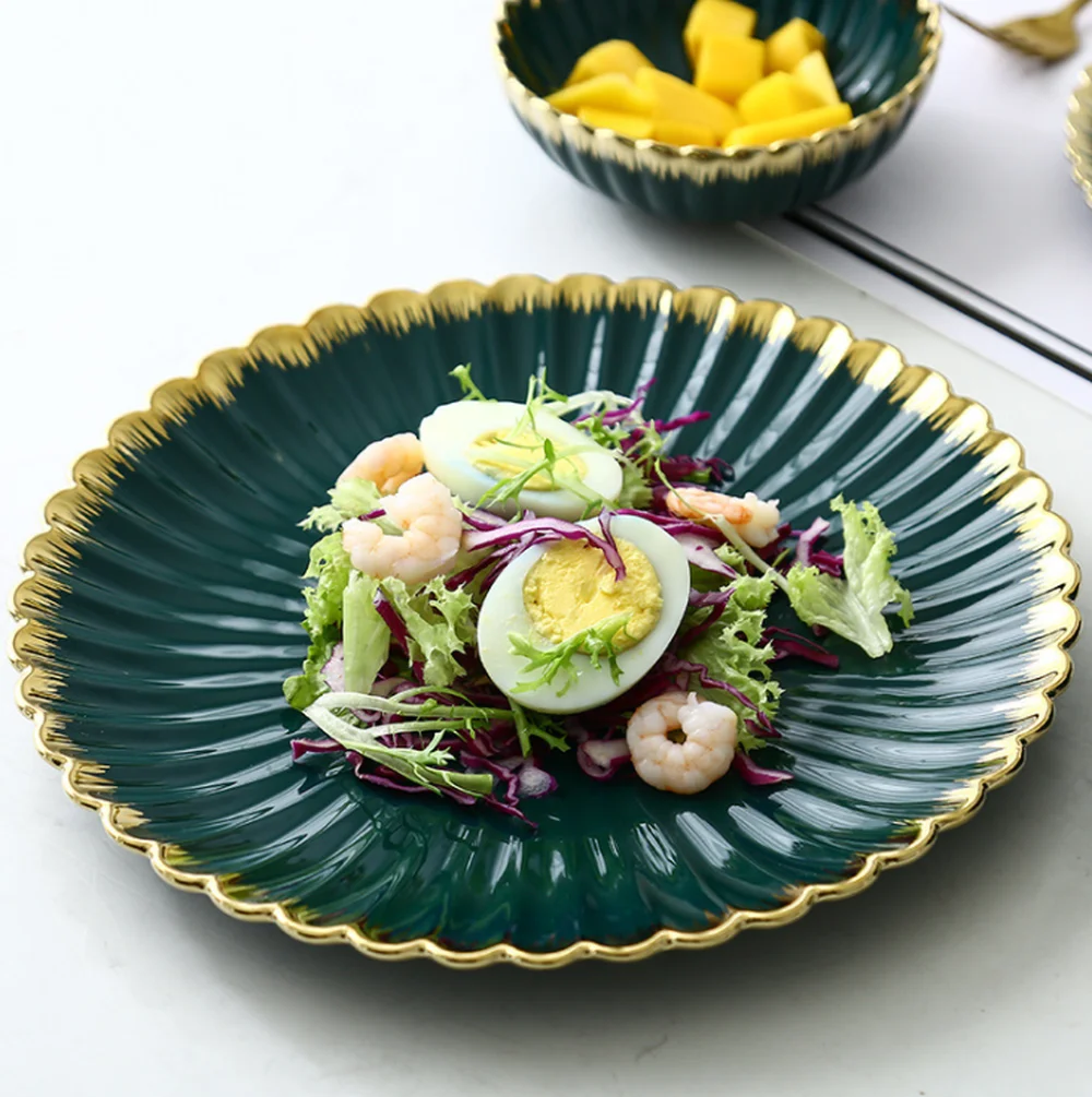 Винтажное темно-зеленое керамическое блюдо с хризантемами изумрудные Позолоченные тарелки тарелка для фруктов салатник керамическая миска для супа тарелка для посуды