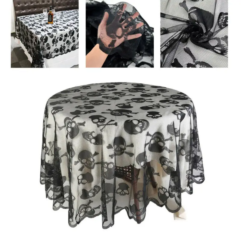 

1pcs Halloween Lace Skull Tablecloth Black Round Tablecloth Halloween Rectangle Table Cloth For Event Party Decoration Supplies