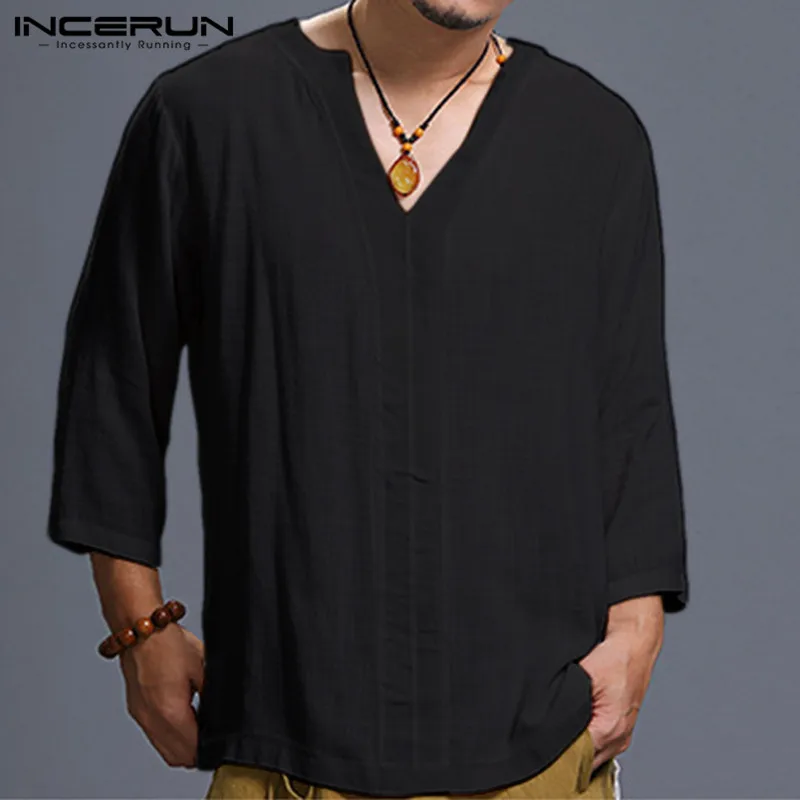 

INCERUN Vintage Men's T Shirts V Neck Casual 3/4 Sleeve Solid Color Leisure Tops Cotton Chinese Style T-shirt Men Camiseta 2020