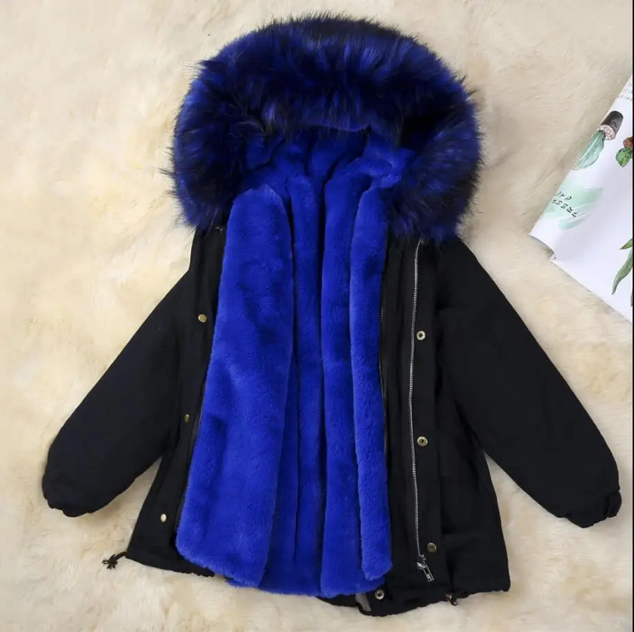 black and blue Новинка года, зимние пальто из искусственного меха кролика рекс для мальчиков и девочек съемный меховой подклад куртки детская парка с капюшоном для мальчиков и девочек K26 - Цвет: black and blue