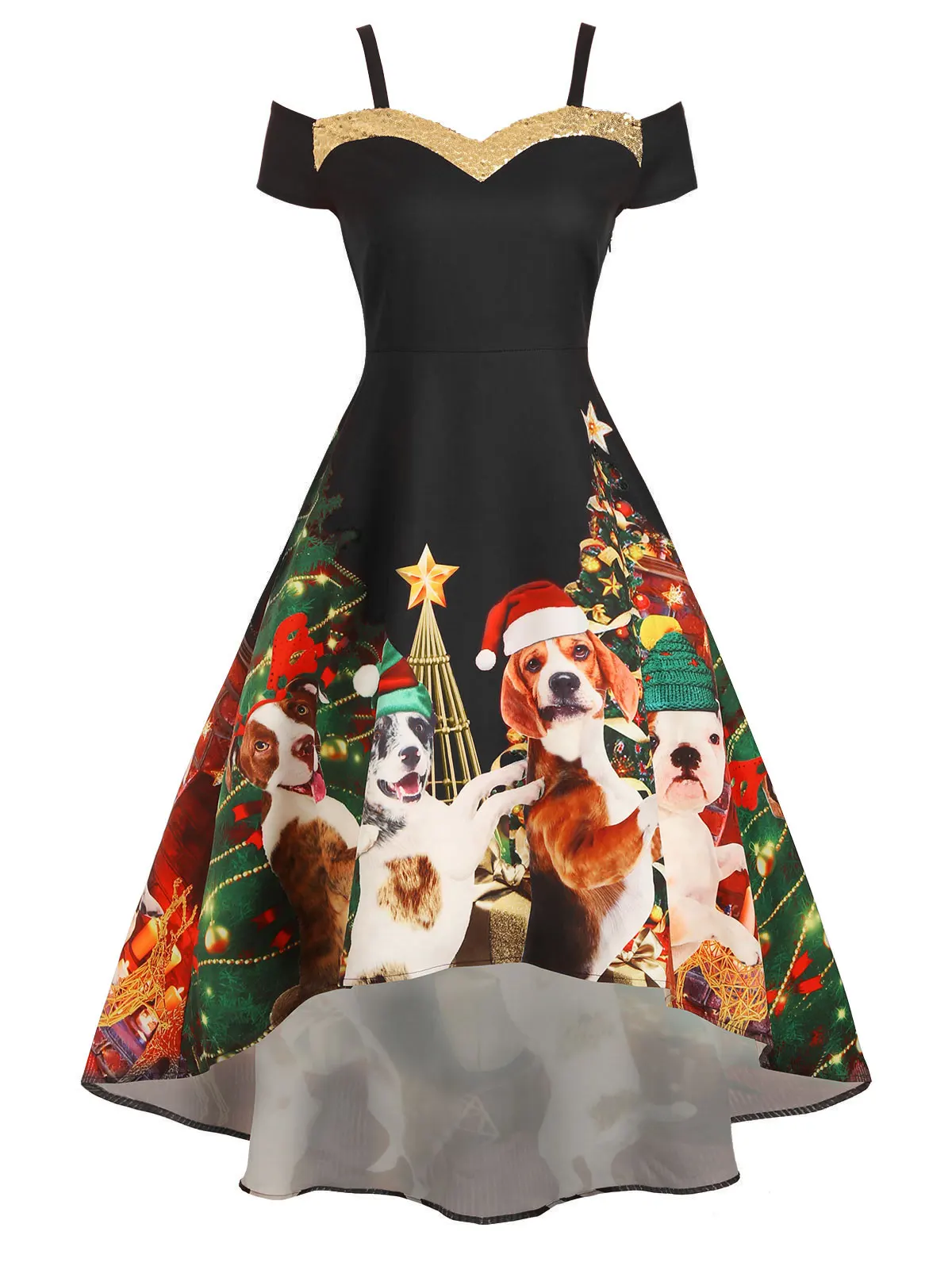 Christmas Tree Sequined Open Shoulder High Low Dress | Женская одежда