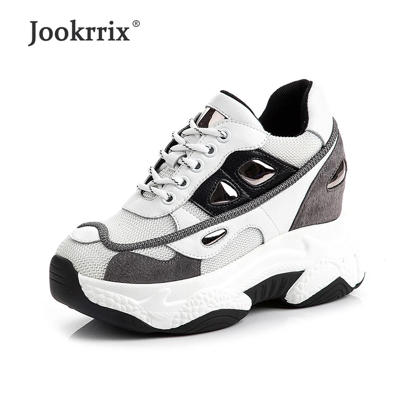 

Jookrrix 2019 Women Genuine Leather Casual Sneakers Fashion Comfortable Chunky Shoes Women Increased 5cm Wedges Thick Sole