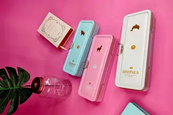 

New fashion Ins style double deck buckle iron pencil case school office supplies multifunction stationery storage box estuche