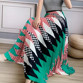 

LANMREM spring summer new pleated skirt for women 2020 irregular color block patchwork printting all-match fold bottoms YJ435