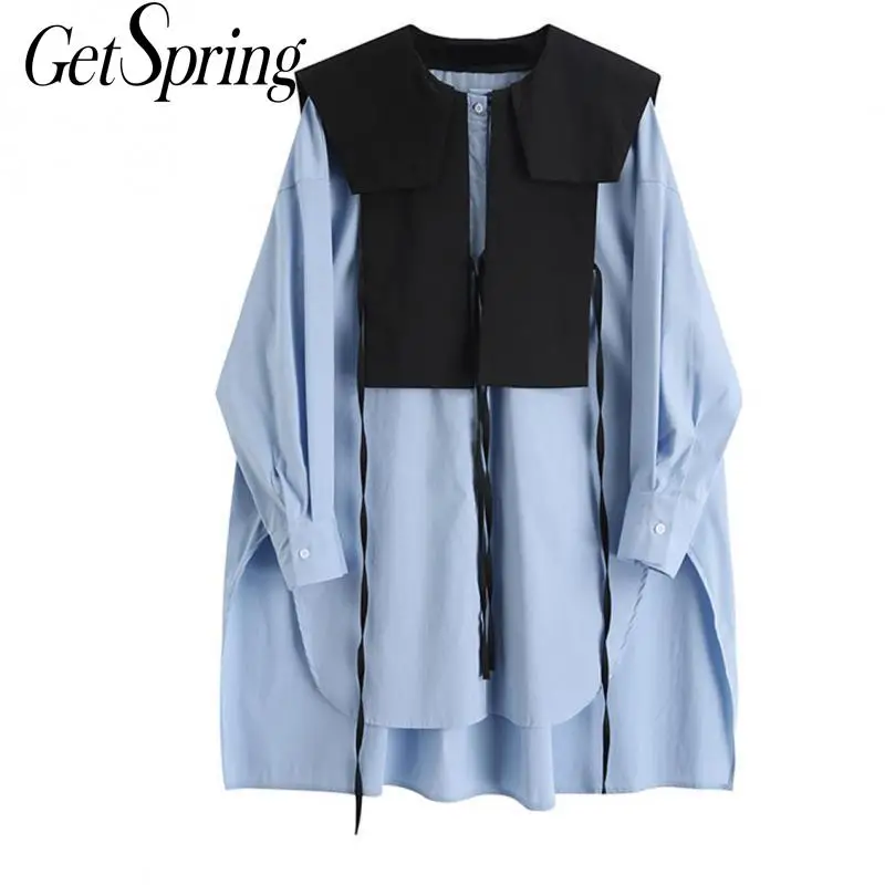 Getspring Women Blouse Patchwork Color Matching Irregular Cotton Tops Asymmetry Fake Two Casual Shirts 2020 New Clothing | Женская