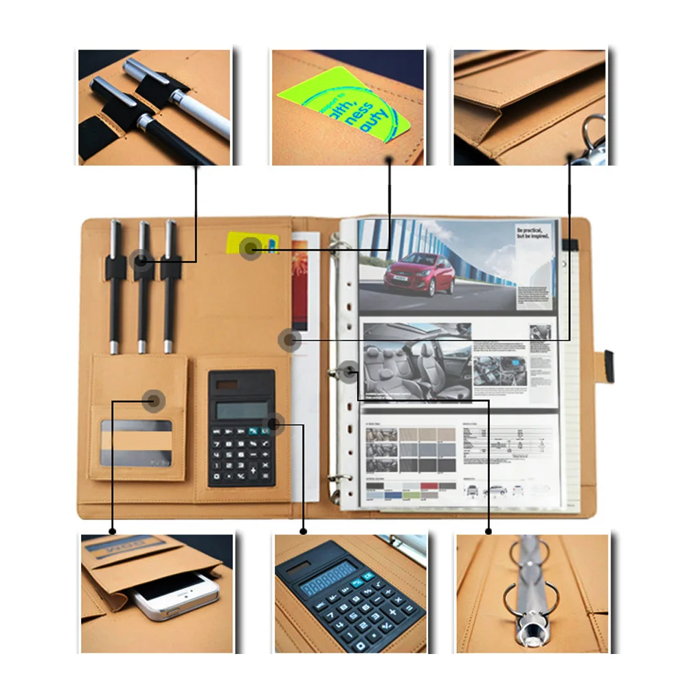 A4 3 Hole PU Leather File Folder Portfolio with Holder Calculator for Business Office Black