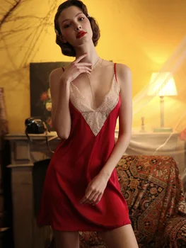 

New female hollow deep V sleep wear sexy chiffon satin strap solid color three-color lace womans silk home dress nightdress