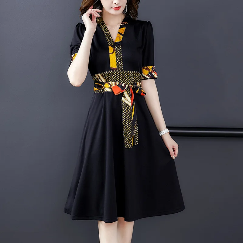 

2019 New Style Korean-style Lace-up Waist Hugging Slimming Elegant Goddess-Style Dress Western Style Fashion V-neck Half-sleeve