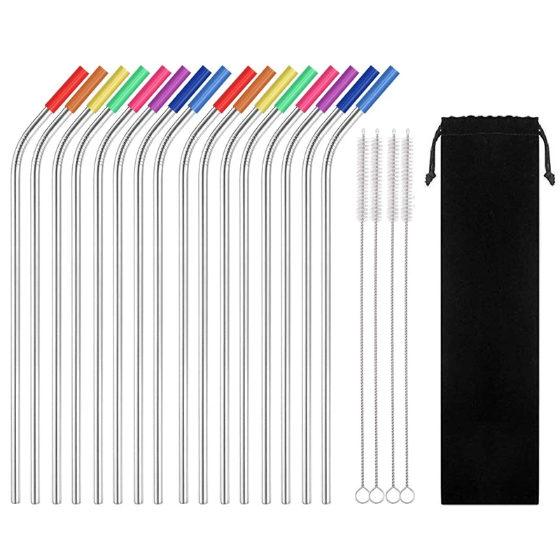 

Metal Straws Stainless Steel Straws 16 Pcs 10.5 Inch Bent Reusable Drinking Straws for 20/30 Oz Yeti Tumblers with 16 Food Gra