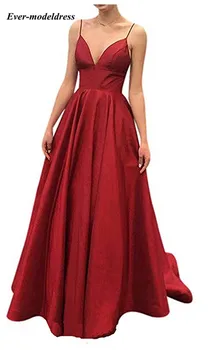

Modest 2019 Prom Dresses Long Spaghetti V-Neck Lace-Up Back Simple Formal Graduation Party Gowns With Pockets vestidos de gala