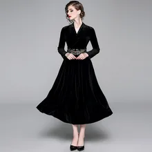 Ozhouzhan осеннее и зимнее Новое Стильное приталенное бархатное платье с v-образным вырезом, модное платье с вышивкой