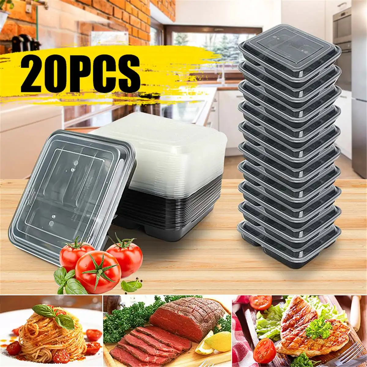 

Plastic Bento Box Meal Storage Food Storage Lunch Boxes 3 Compartment Food Storage Containers Microwave Safe With Lids 20Pcs Set