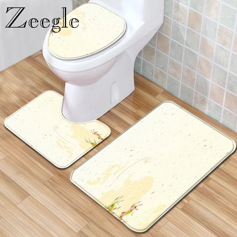 Zeegle 3pcs Toilet Mat Set Lid Toilet Cover Shower Room Water Absorption Soft Mat  Toilet Seat Cover Flannel Bathroom Foot Suit