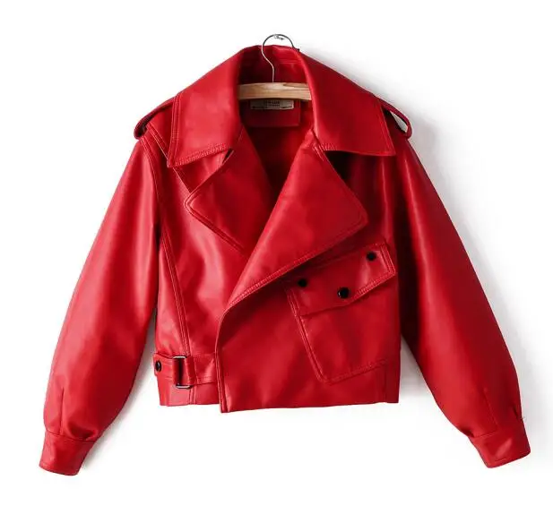1859 red Модная женская элегантная байкерская куртка из искусственной кожи с большим карманом в красном и черном цвете, тонкое дамское пальто, повседневное Брендовое кожаное байкерское пальто - Цвет: 1859 red