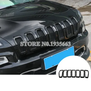 

For Jeep Cherokee Black/Red ABS Front Grid Grille Insert Trim Cover Ring 2014-2016 7pcs