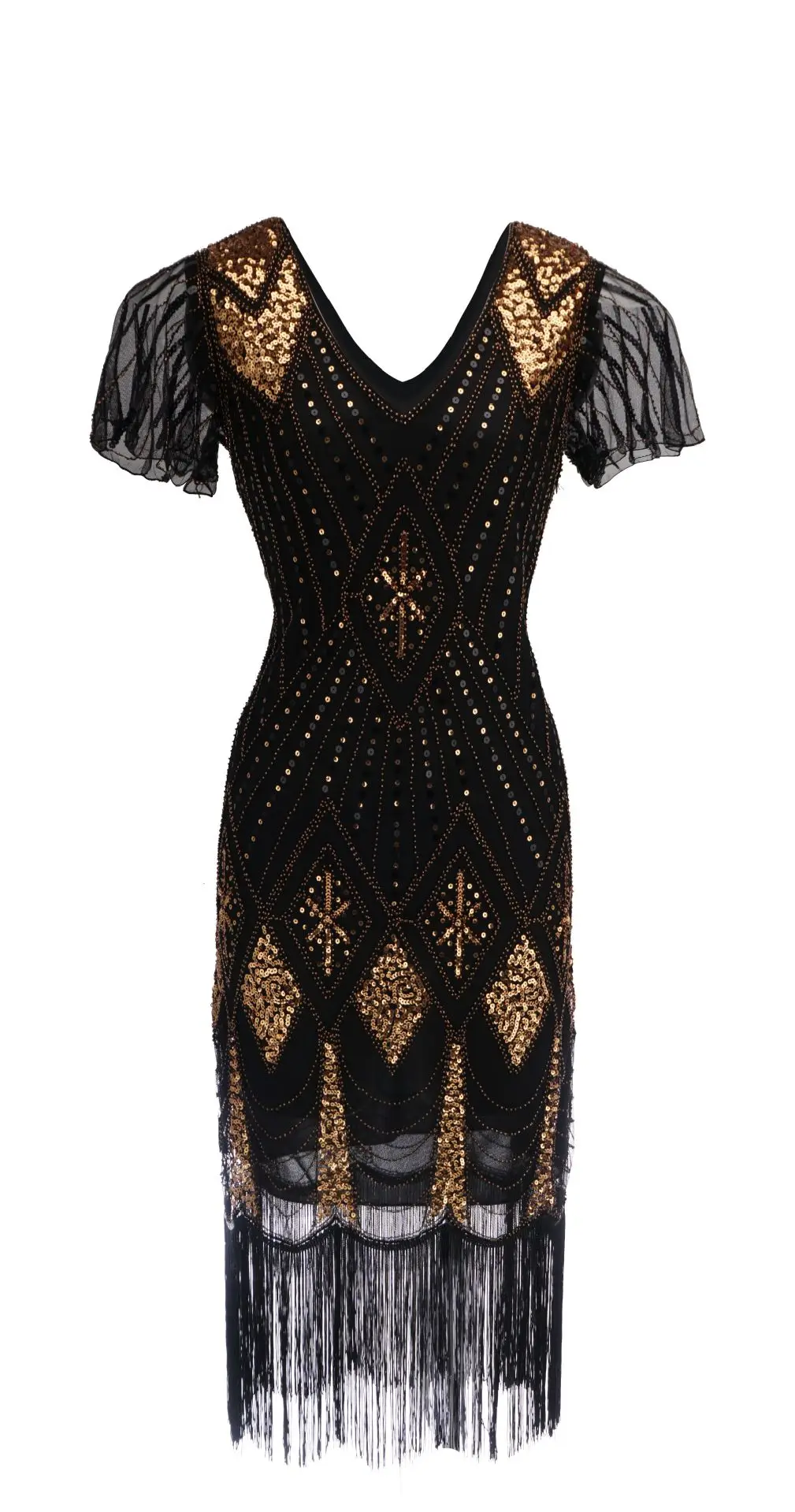 Black Gold Размер s-xxxl в бусинах и пайетках платье vestidos женское 1920s платье с воланами винтажное платье с v-образным вырезом и рукавом-бабочкой длинное платье - Цвет: Black Gold