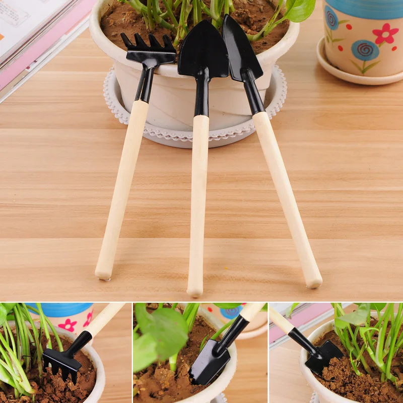 3pcs/set Mini Garden Tools Set Small Shovel/Rake/Spade Wooden Handle Metal Head Garden Tools For Office & Family Gardening Gift