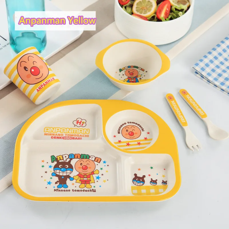 Anpanman Yellow 5 шт./компл. Детские кормушки милые бамбуковое волокно Еда контейнер, безопасная посуда для детей Младенческая Столовая посуда тарелка для малыша поднос еды - Цвет: Anpanman Yellow