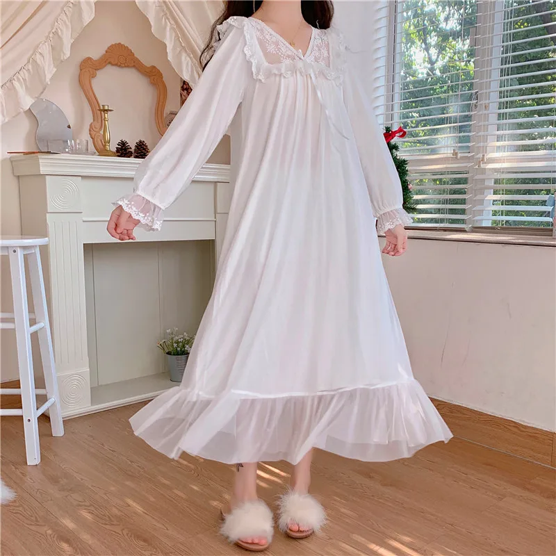 White Embroidery Lace Night Dress Women Lolita Sleepwear Princess