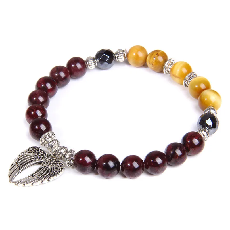 Tiger Eye Рейки натуральный гранатовый камень, бисер с крыльями ангела кулон браслет для женщин красный агат бусины Шарм браслет медитация энергия ювелирные изделия - Окраска металла: Tiger Eye