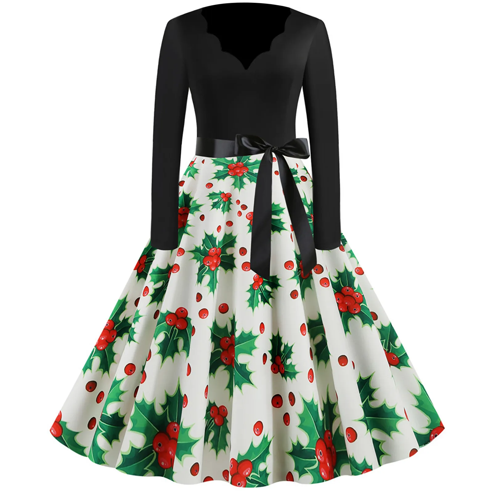 new Christmas Vintage Print Dress For Women's Fashion Long Sleeve big swing dress Temperament V Neck Hem Dress Vestido Party 2