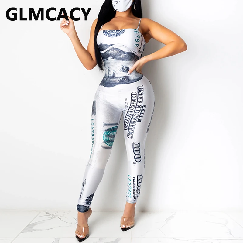 Women USD Money Printed Jumpsuits Spaghetti Strap Skinny Long Jumpsuits Chic Summer Streetwear Women USD Money Printed Jumpsuits Spaghetti Strap Skinny Long Jumpsuits Chic Summer Streetwear