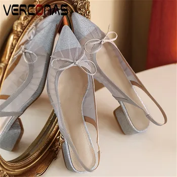 

VERCONAS 2020 Fashion Woman Sandals Woman Pumps Classic Design Butterfly-Knot Glitters Square Toe Square High Heeled Shoes Woman