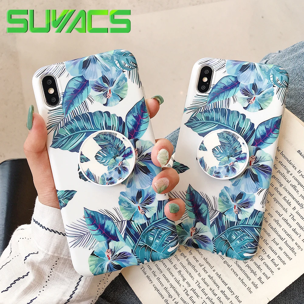 

SUYACS With Folding Telescopic Bracket Case For iPhone XS MAX XR X 6 6S 7 8 Blue Banana Leaf Matte Soft Phone Back Cover Case
