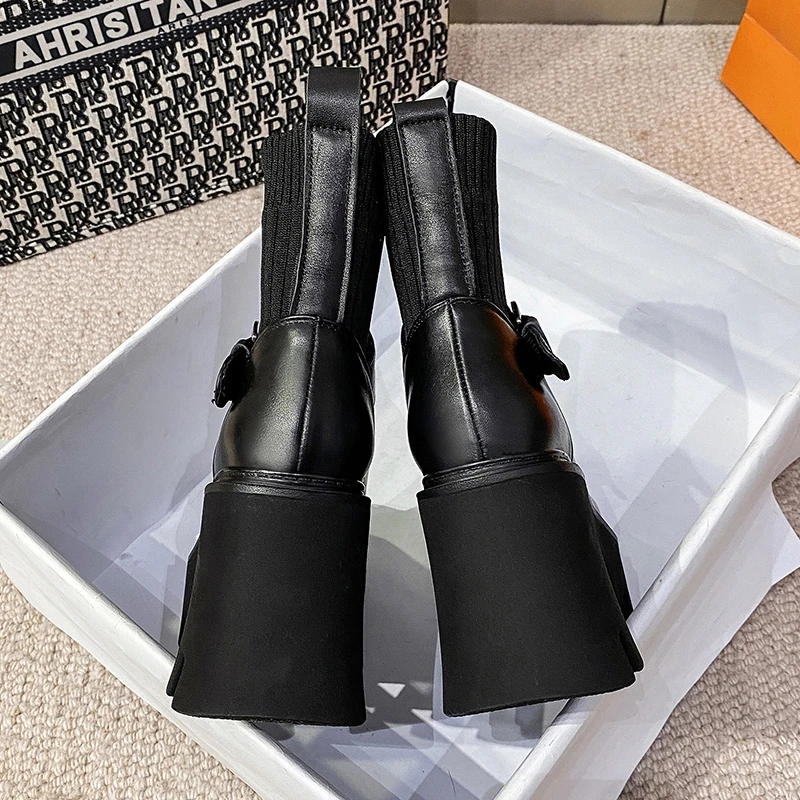 2022 Hot Sale PU Leather Shoes Women Stretch Boots Round Toe Solid Colors Buckle Super High Heels Ankle Boots Lady