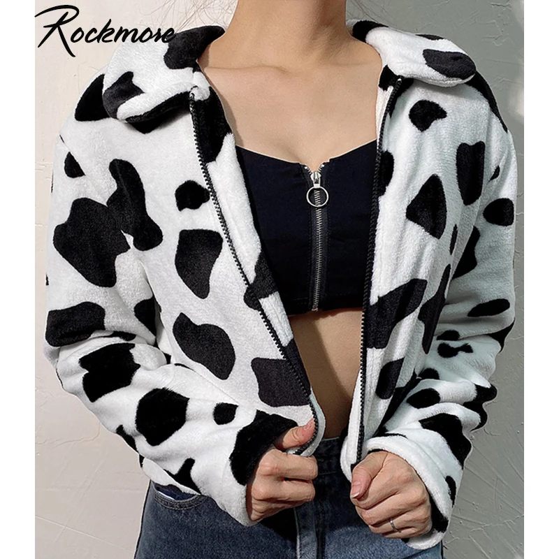 Promo Rockmore Milk Cow Print Winter Coats And Jackets Woman Bodycon Zipper Turndown Coat Harajuku Autumn
