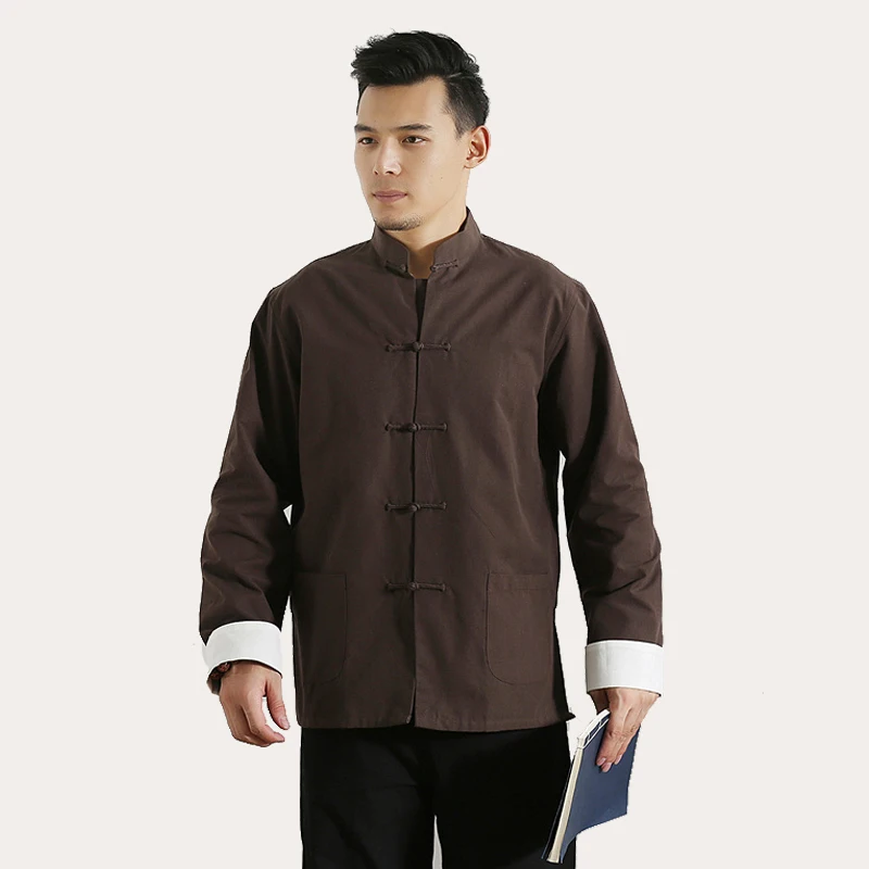 Red 100% Cotton Men's Solid Traditional Chinese Kung Fu Jacket Coat Tai Chi Uniform Double deck Long Sleeve Shirt t shirt homm 4